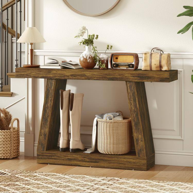 Alt View 1. PULUZ - 55 inch Farmhouse Console Table, 2-Tier Entryway Table with Storage for Hallway, Living Room, Behind Couch - Rustic Brown.