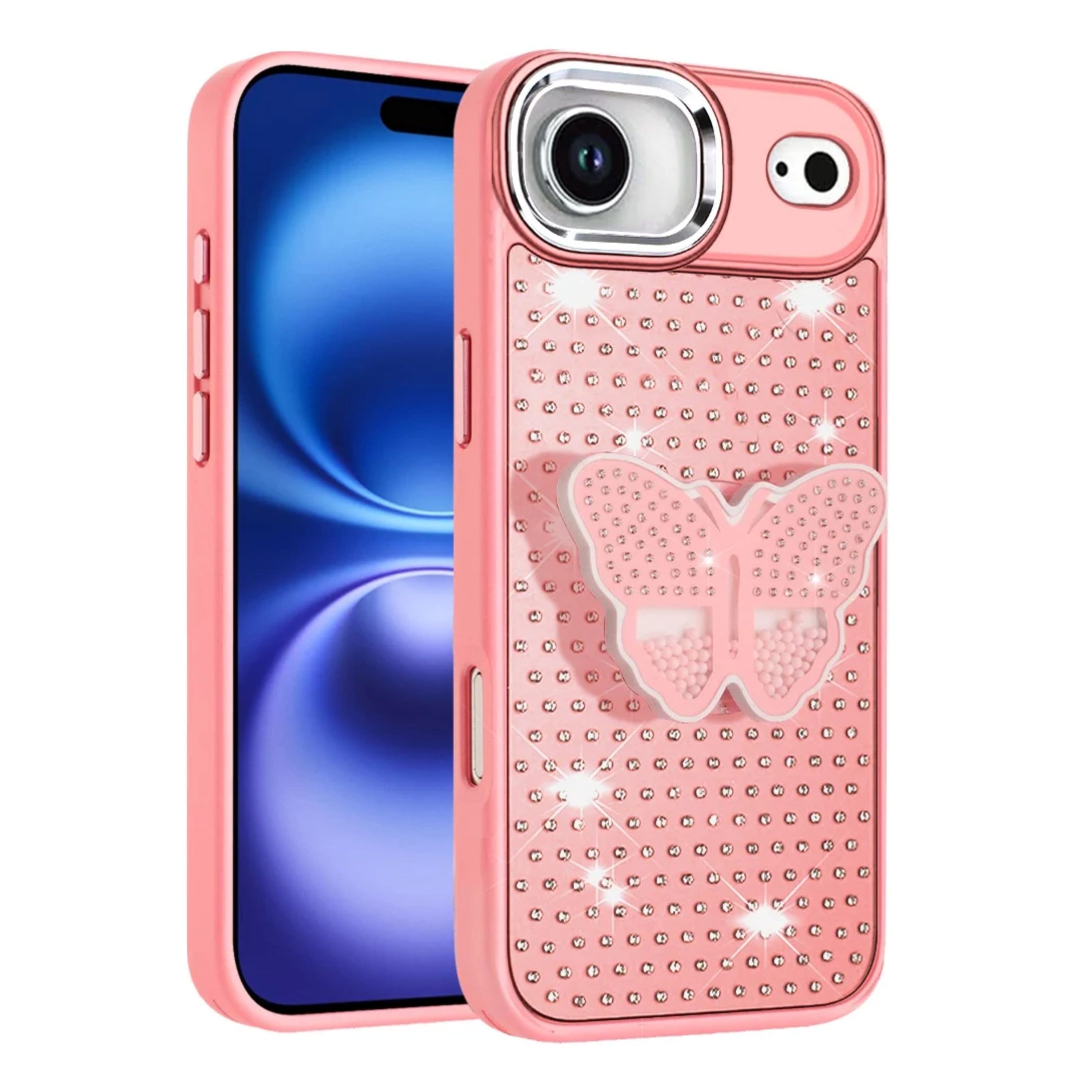 Kitcheniva - Butterfly Grip Stand Faux Crystals Phone Case With Tempered Glass For iPhone Air - Pink
