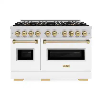 Front. ZLINE - Autograph 48 in. 6.7 cu. ft. Classic Freestanding Dual Fuel Range w/ 8 DuoPro Burners & White Door w/ Bronze Accents - White Matte.