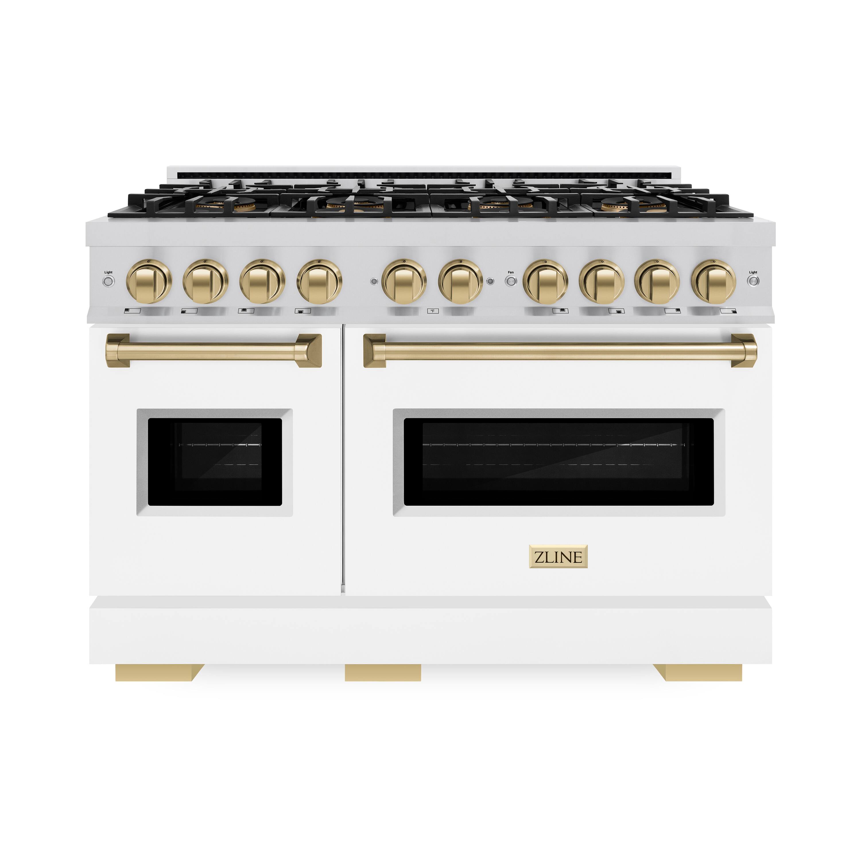 Front. ZLINE - Autograph 48 in. 6.7 cu. ft. Classic Freestanding Dual Fuel Range w/ 8 DuoPro Burners & White Door w/ Bronze Accents - White Matte.