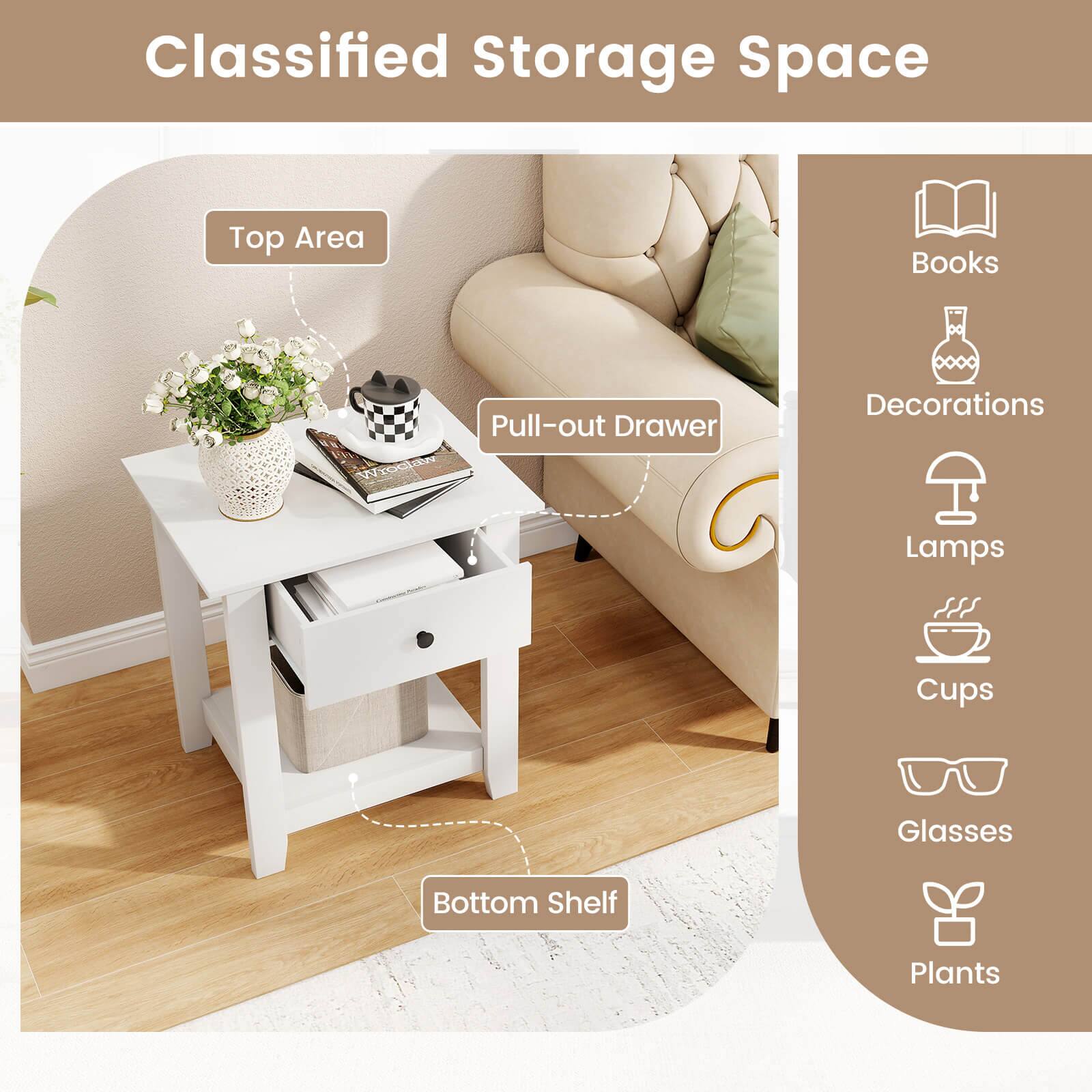 Classified Storage Space

Top Area  
- Books  
- Decorations  
- Lamps  
- Cups  
- Glasses  
- Plants  

Pull-out Drawer  

Bottom Shelf