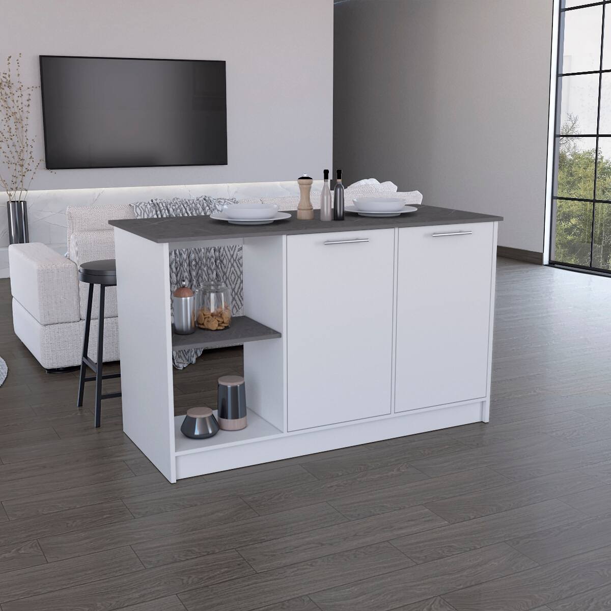 Left. Loheer - Loheer White Kitchen Island with Large Countertop Double Door Cabinet - White.
