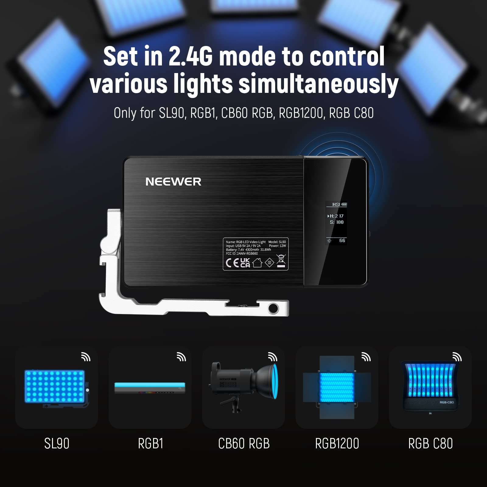 Set in 2.4G mode to control various lights simultaneously  
Only for SL90, RGB1, CB60 RGB, RGB1200, RGB C80