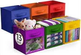 Sorbus - 13 Inch Storage Bins with Clear Window and Handle, 6 Foldable Baskets for Organizing Clothes,Toys, Books, Figures - Deep Rainbow