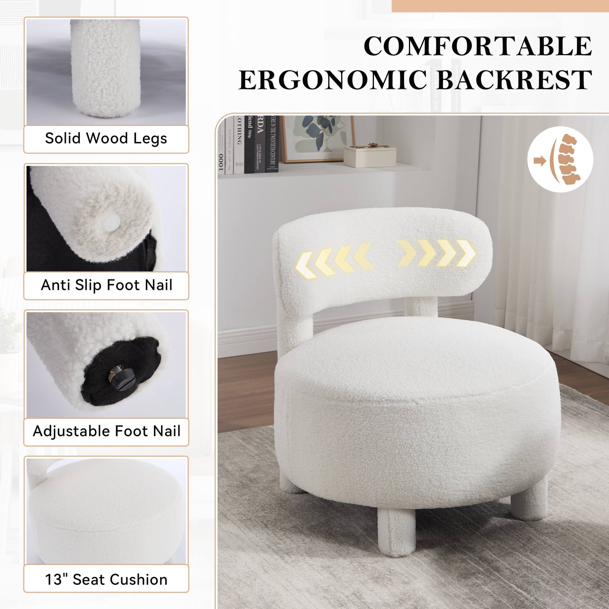 Solid Wood Legs  
COMFORTABLE ERGONOMIC BACKREST  
Anti Slip Foot Nail  
Adjustable Foot Nail  
13" Seat Cushion