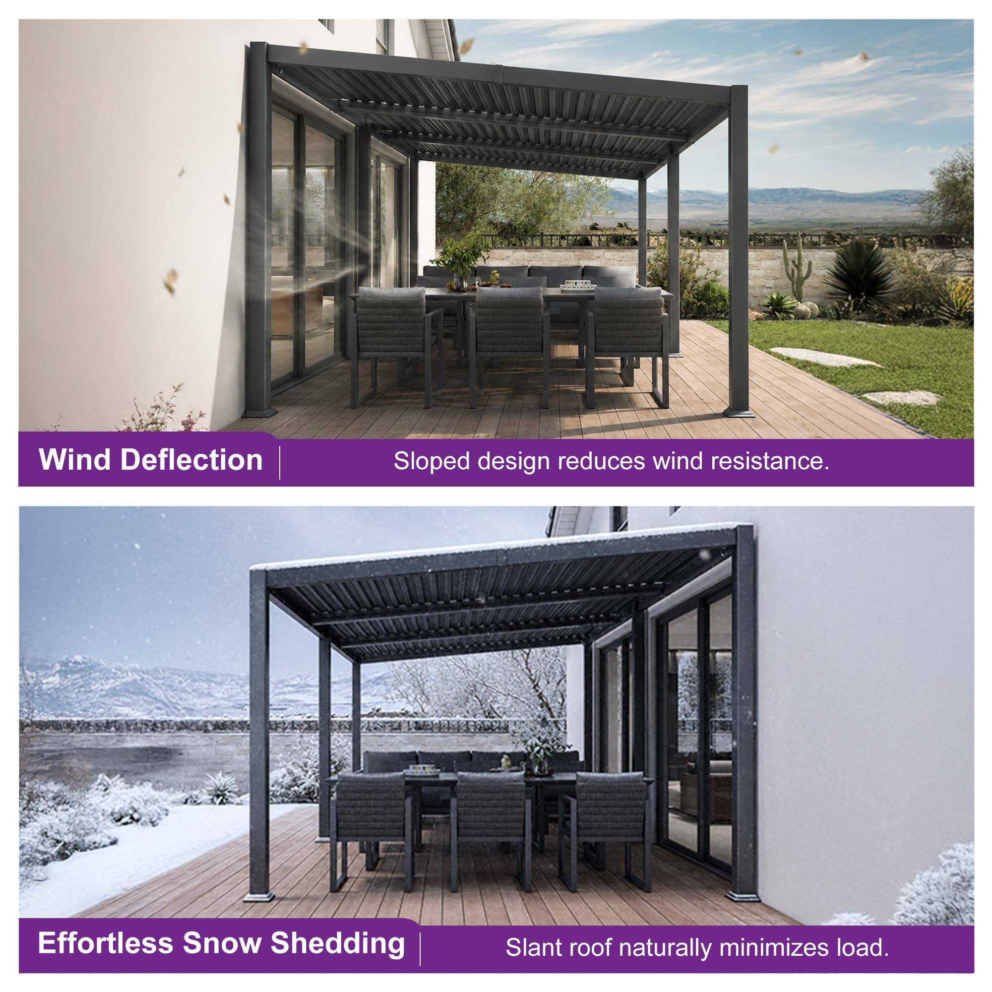 Wind Deflection  
Sloped design reduces wind resistance.  

Effortless Snow Shedding  
Slant roof naturally minimizes load.