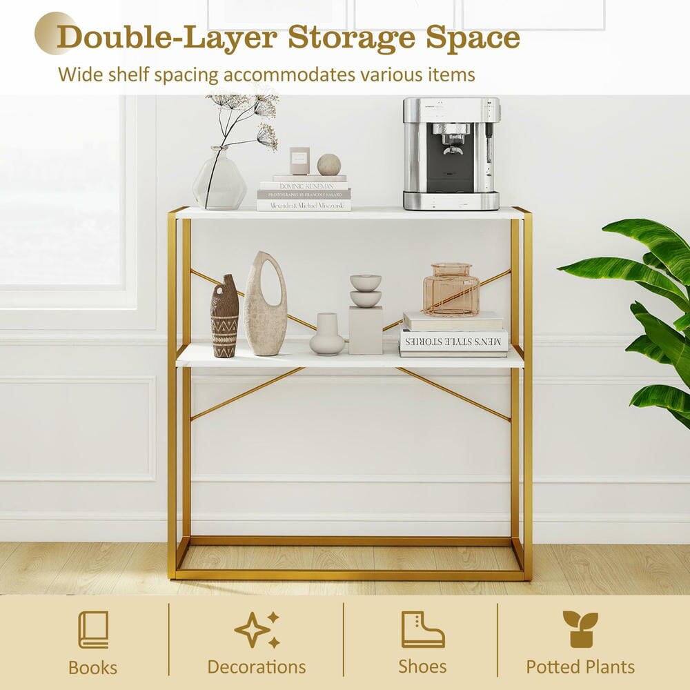 Double-Layer Storage Space  
Wide shelf spacing accommodates various items  

Books  
Decorations  
Shoes  
Potted Plants