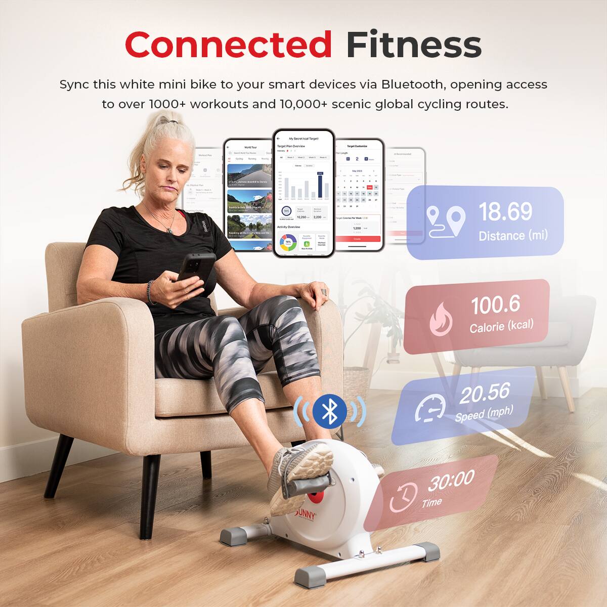 Connected Fitness
Sync this white mini bike to your smart devices via Bluetooth, opening access to over 1000+ workouts and 10,000+ scenic global cycling routes.

18.69 Distance (mi)
100.6 Calorie (kcal)
20.56 Speed (mph)
30:00 Time
UNNY
