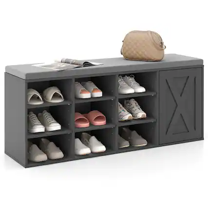 Front. Costway - Shoe Bench with Padded Cushion 9-cube Adjustable Storage Shoe Rack Grey - Grey.