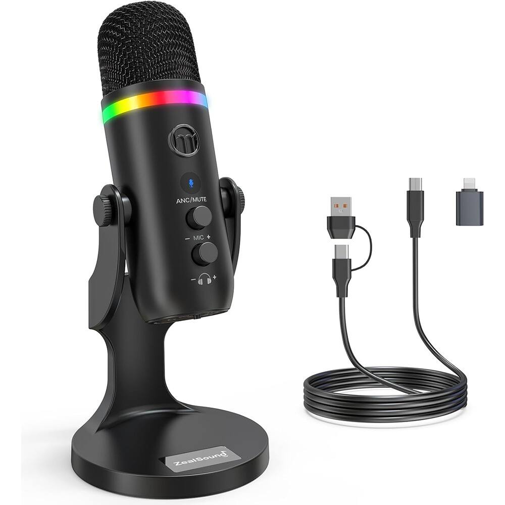 Front. MOSZAR LLC - USB Microphone for iPhone & PC – RGB Condenser Mic with Touch Mute, Gain.