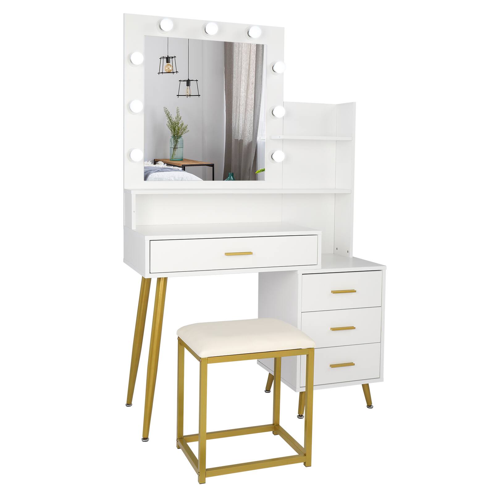 Alt View 1. Winado - Vanity Set with 3 Color Lighted Mirror Makeup Table 4 Drawers Dresser Cabinet Desk with Open Shelves & Stool for Bedroom - White.