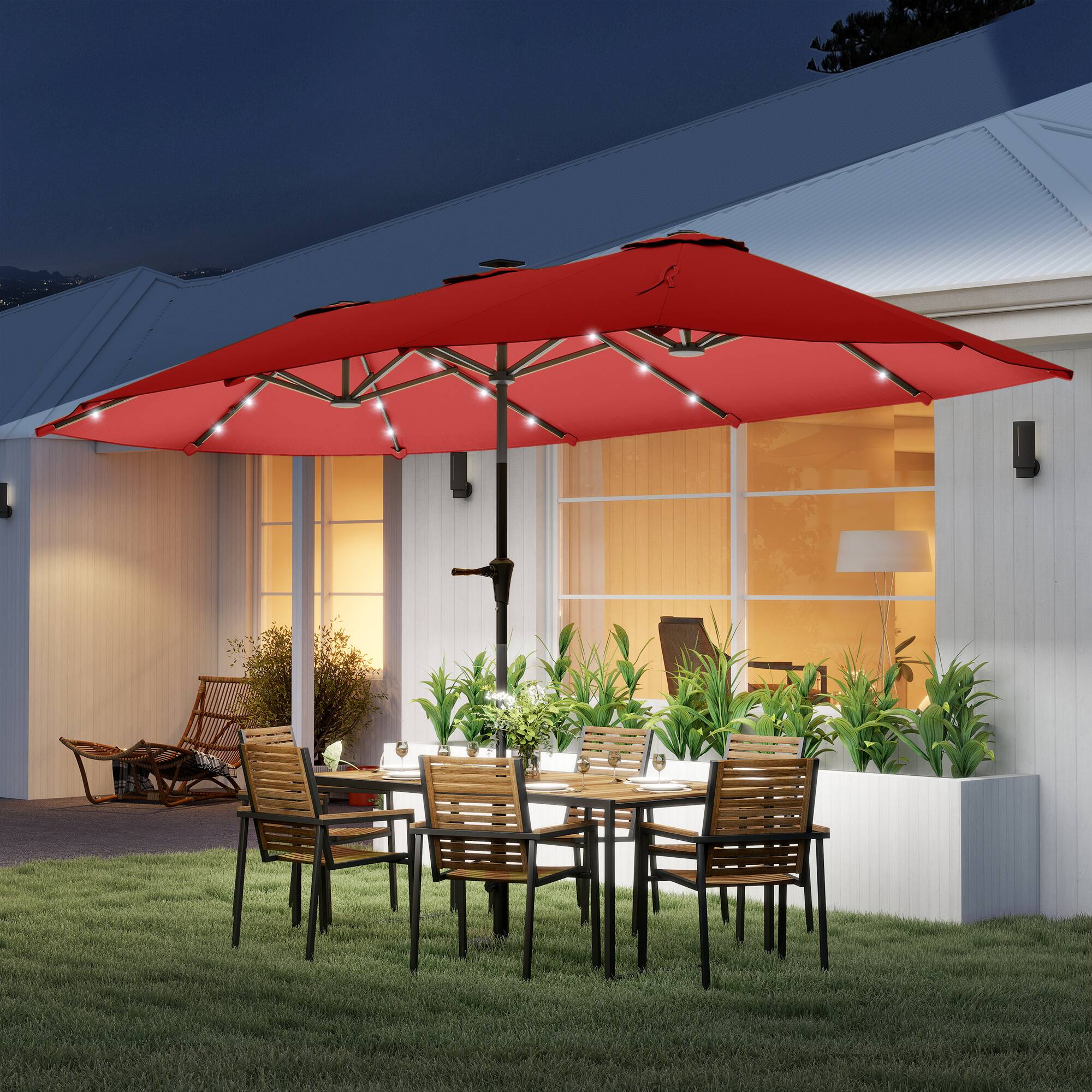 Alt View 1. Outsunny - Double-Sided Market Umbrella, Large Patio Umbrella with Solar Lights, Crank Handle for Garden, Pool, Yard - Wine Red.