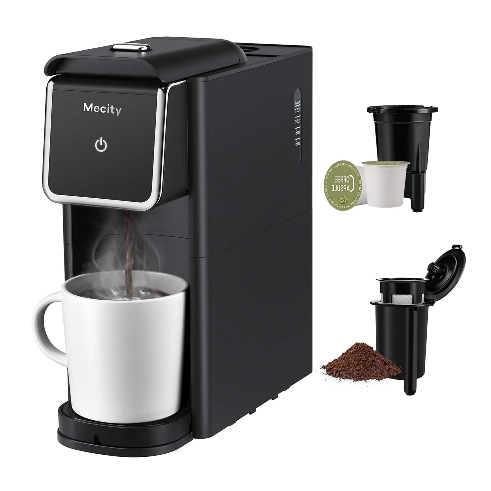 Mecity - Compact Coffee Maker for Ground Coffee & Loose Tea - Single Serve, 6-12 Oz Brew - Black