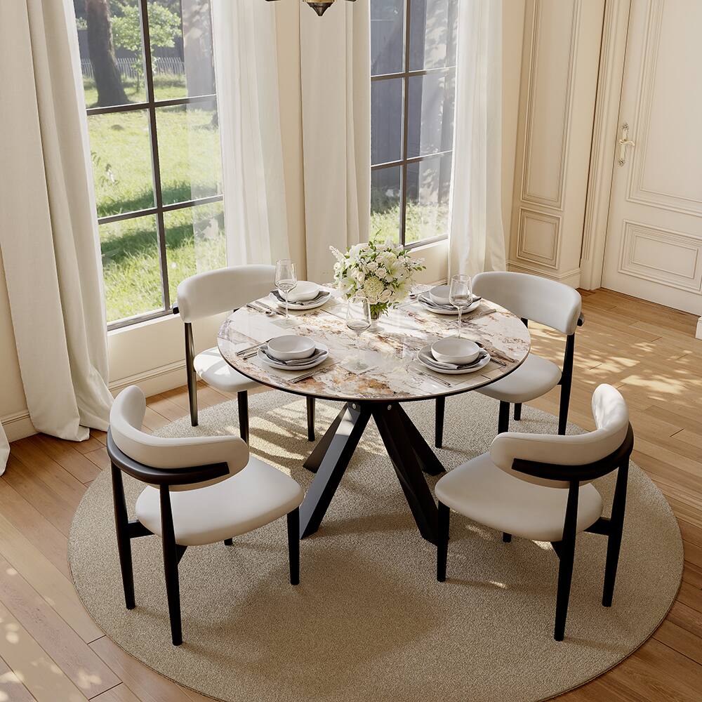 Left. POVISON - 47"-63" Round Extendable Dining Table for 4-6, Pandora Sintered Stone & Glass Top, Black Steel Legs - Pandora.