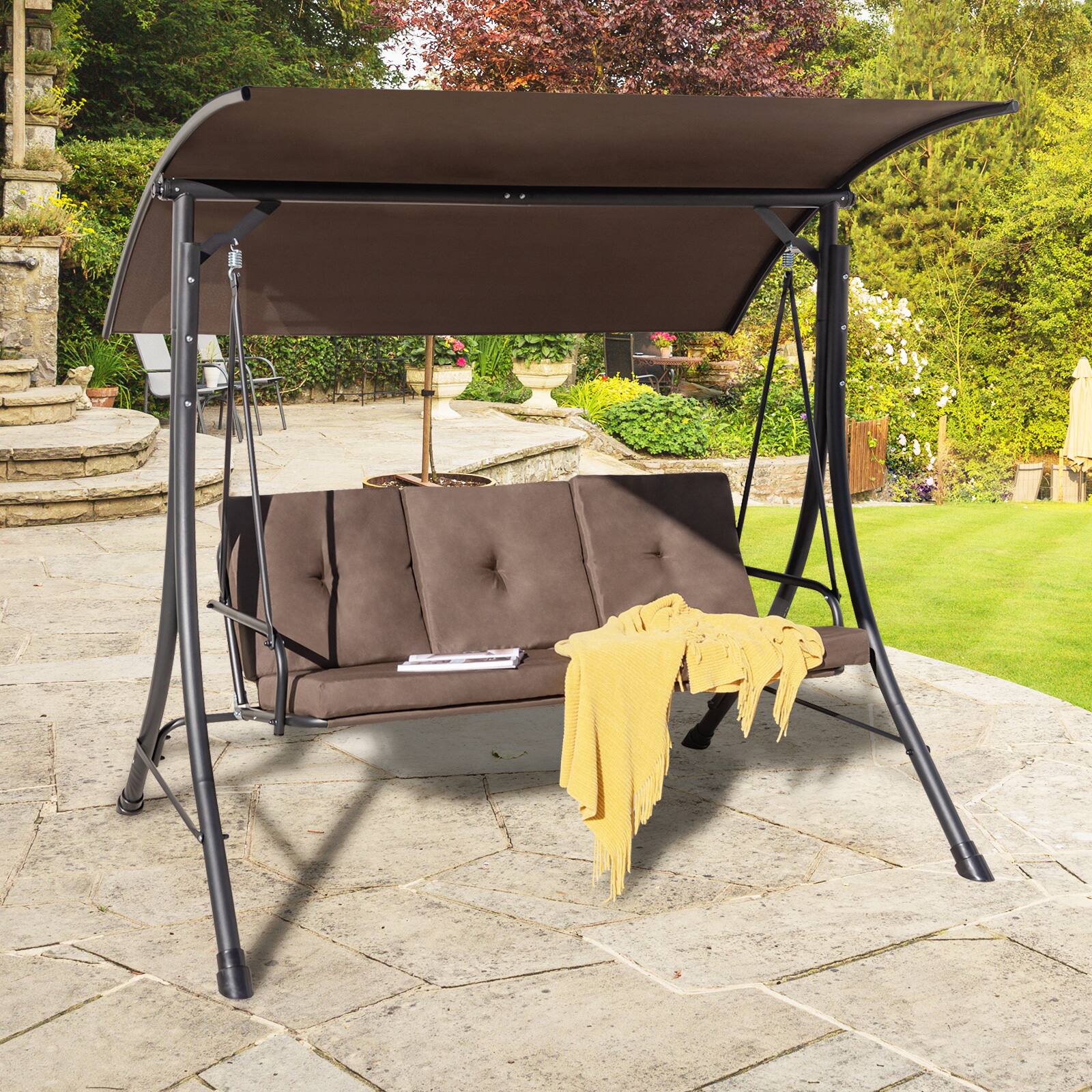 Alt View 1. Costway - Costway 3-Seat Outdoor Porch Swing Adjustable Canopy Padded Cushions Steel Frame - Brown.