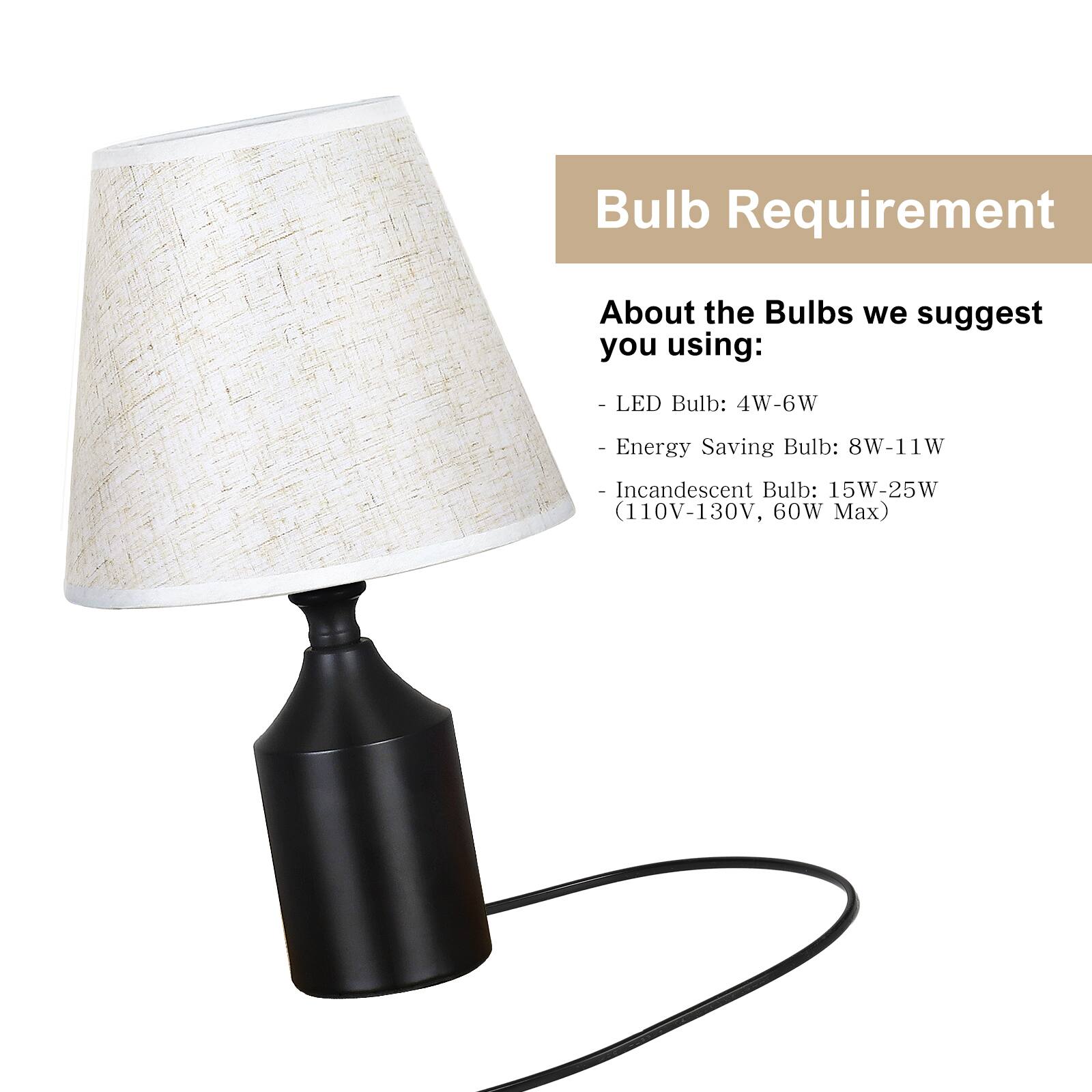 Bulb Requirement

About the Bulbs we suggest you using:
- LED Bulb: 4W-6W
- Energy Saving Bulb: 8W-11W
- Incandescent Bulb: 15W-25W (110V-130V, 60W Max)