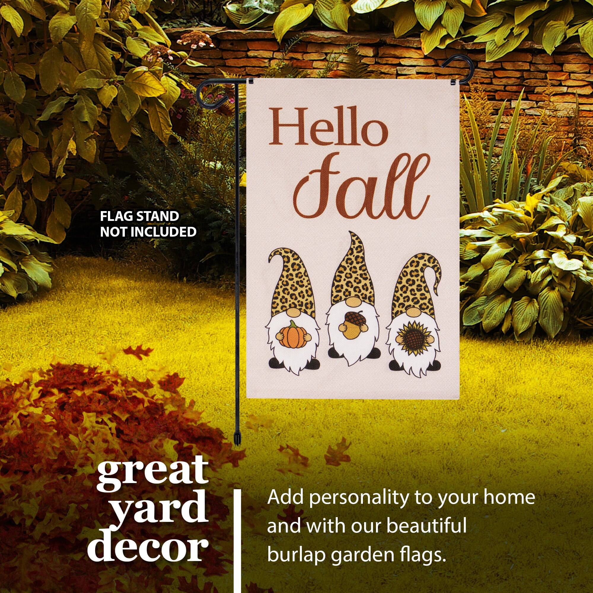 G128 Hello Fall Garden Flag — Three Gnomes with Pumpkin, Acorn ...