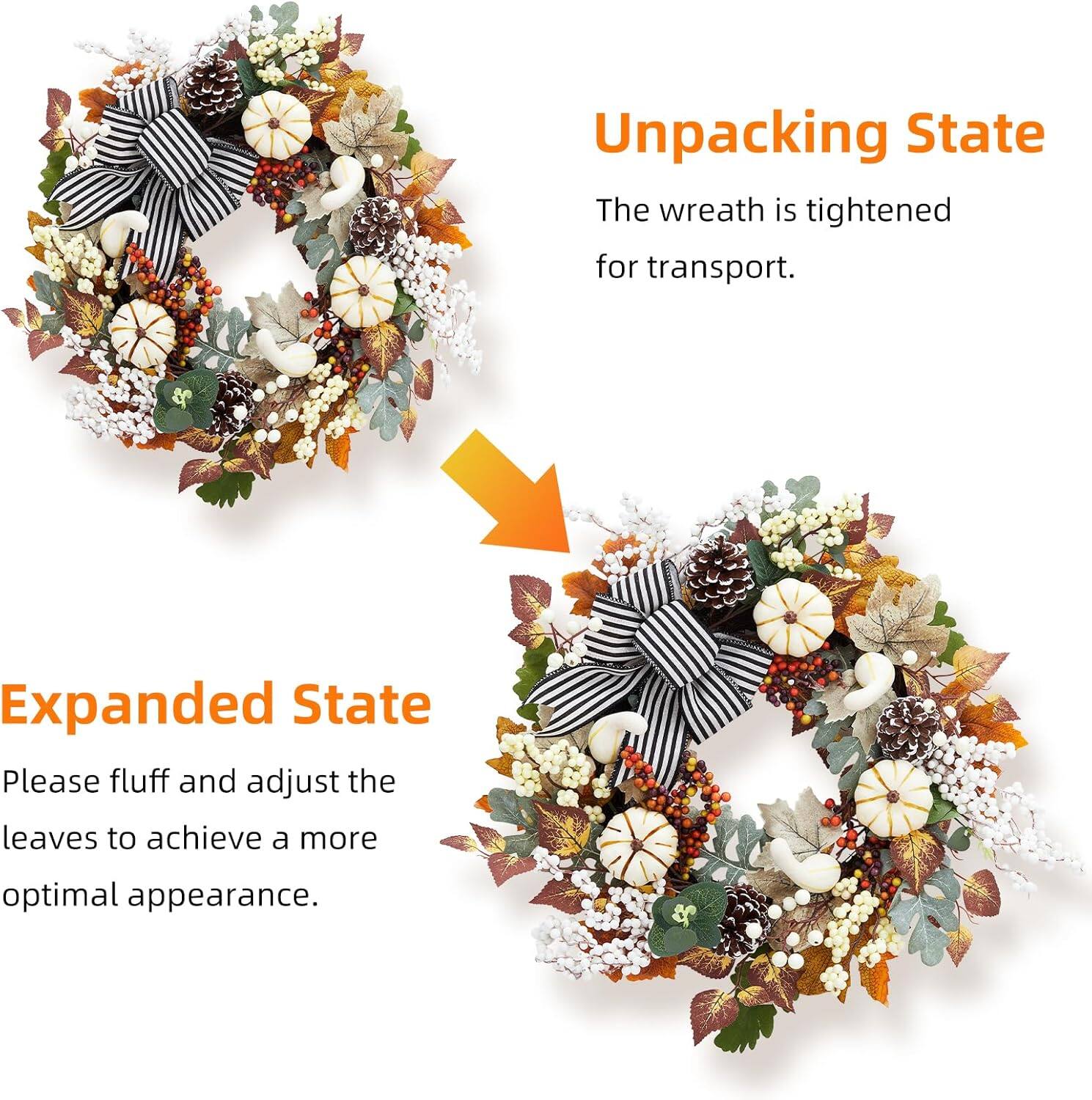 Unpacking State  
The wreath is tightened for transport.

Expanded State  
Please fluff and adjust the leaves to achieve a more optimal appearance.