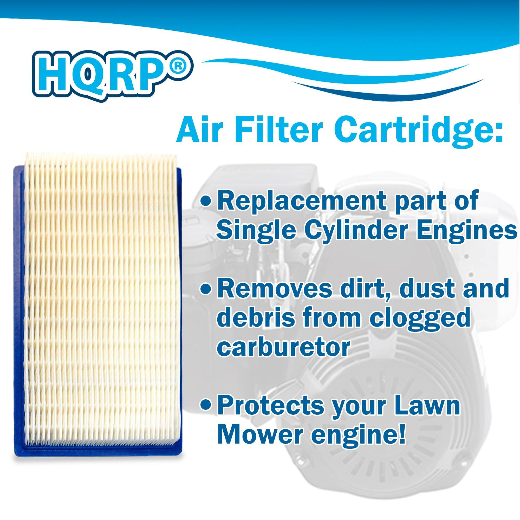 HQRP Air Filter Cartridge:  
- Replacement part of Single Cylinder Engines  
- Removes dirt, dust, and debris from clogged carburetor  
- Protects your Lawn Mower engine!