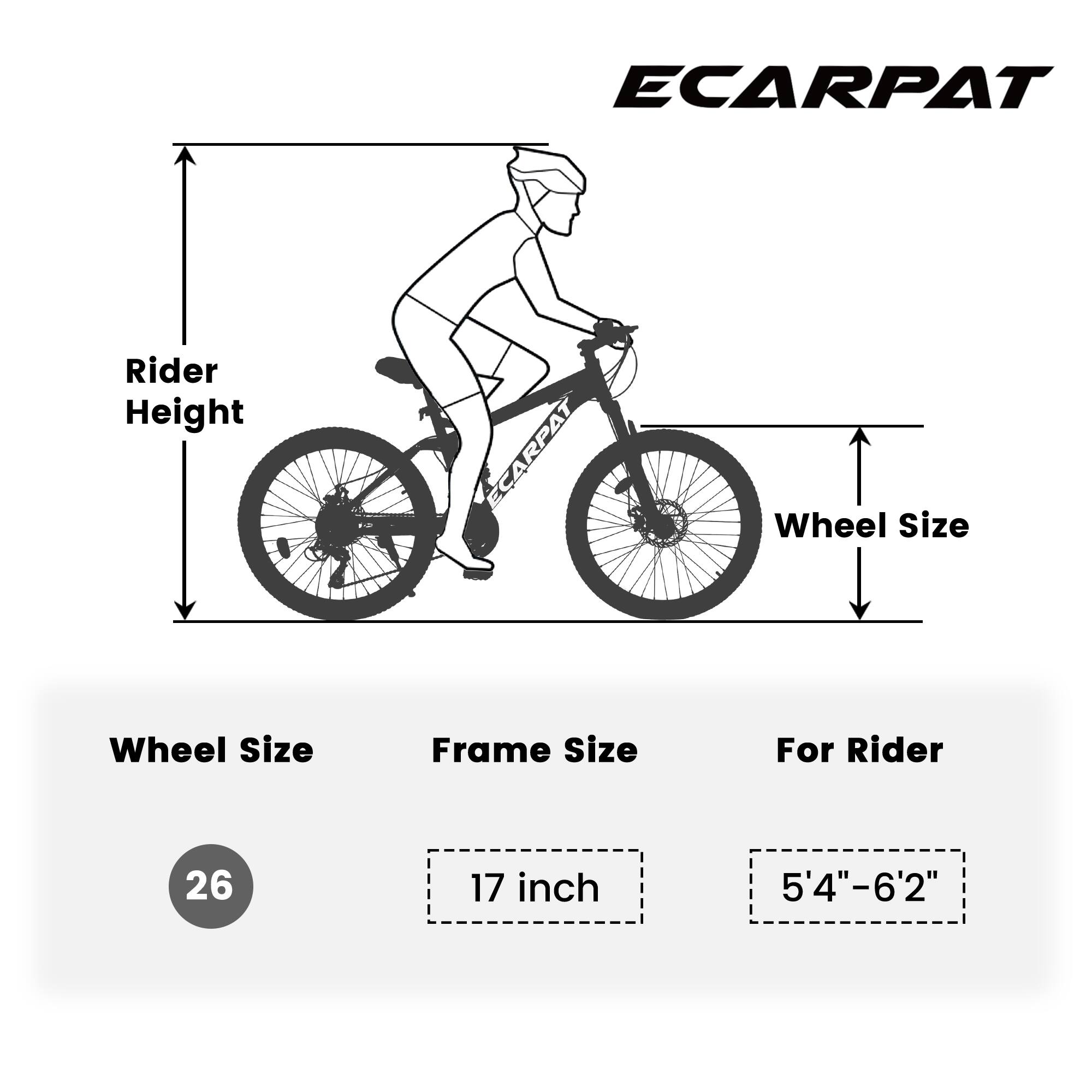 ECARPAT  
Rider Height  
Wheel Size  
Frame Size  
For Rider  

Wheel Size: 26  
Frame Size: 17 inch  
For Rider: 5'4"–6'2"