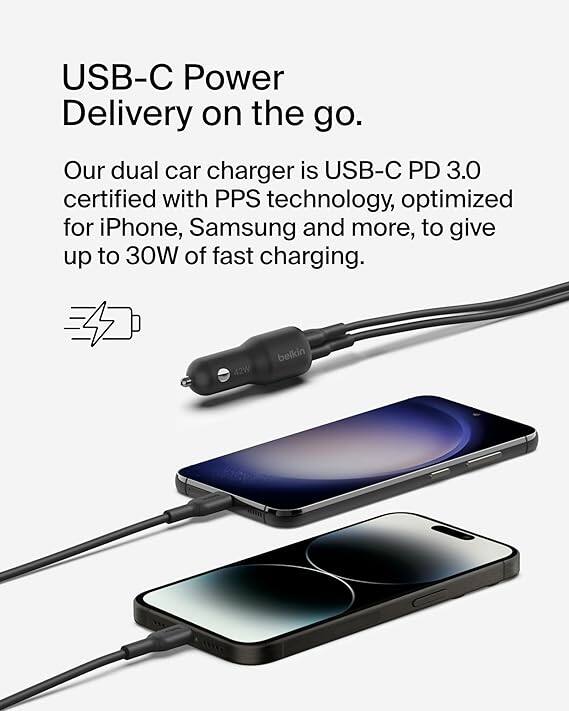 USB-C Power Delivery on the go.

Our dual car charger is USB-C PD 3.0 certified with PPS technology, optimized for iPhone, Samsung and more, to give up to 30W of fast charging.