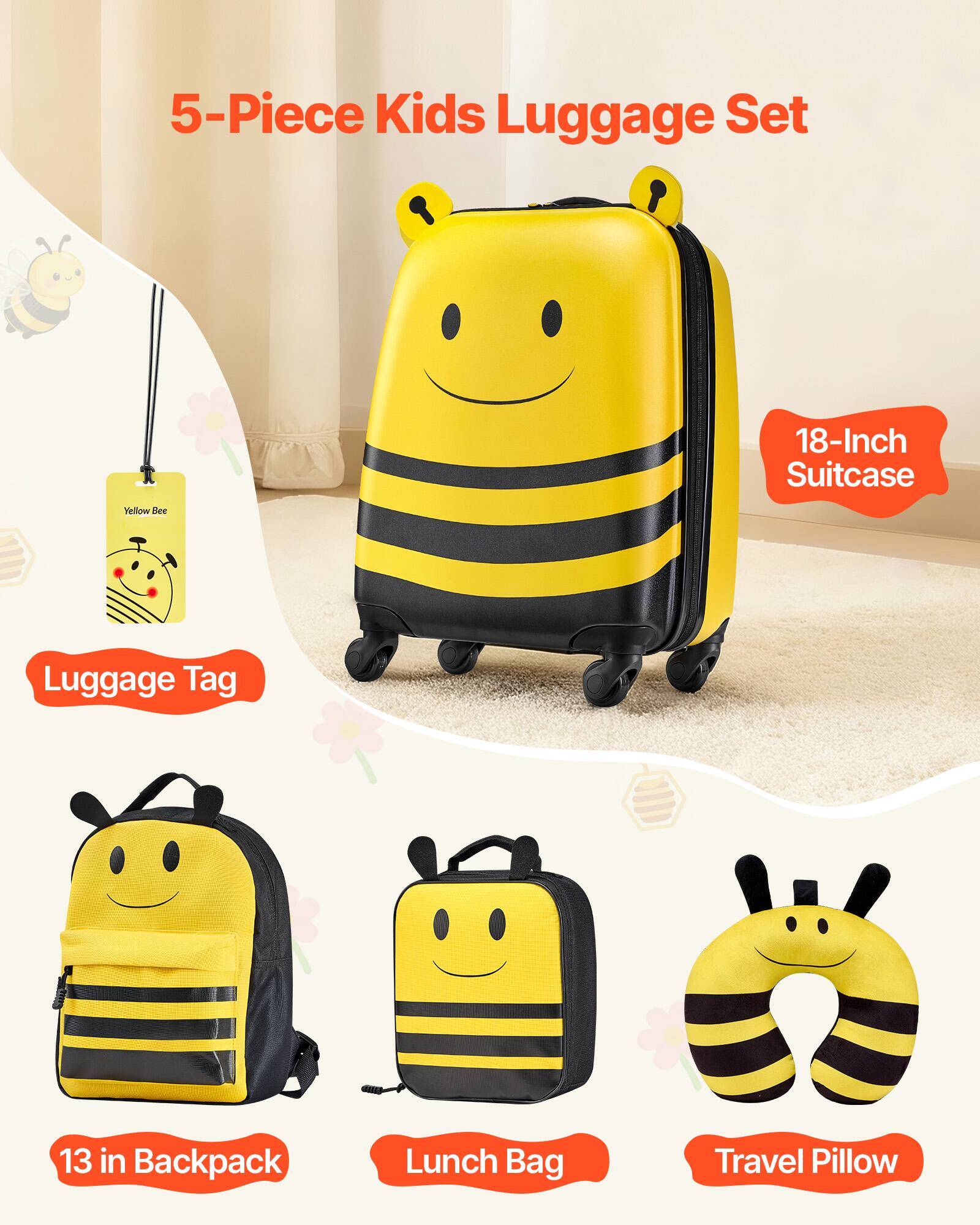 5-Piece Kids Luggage Set

- 18-Inch Suitcase
- Luggage Tag
- 13 in Backpack
- Lunch Bag
- Travel Pillow