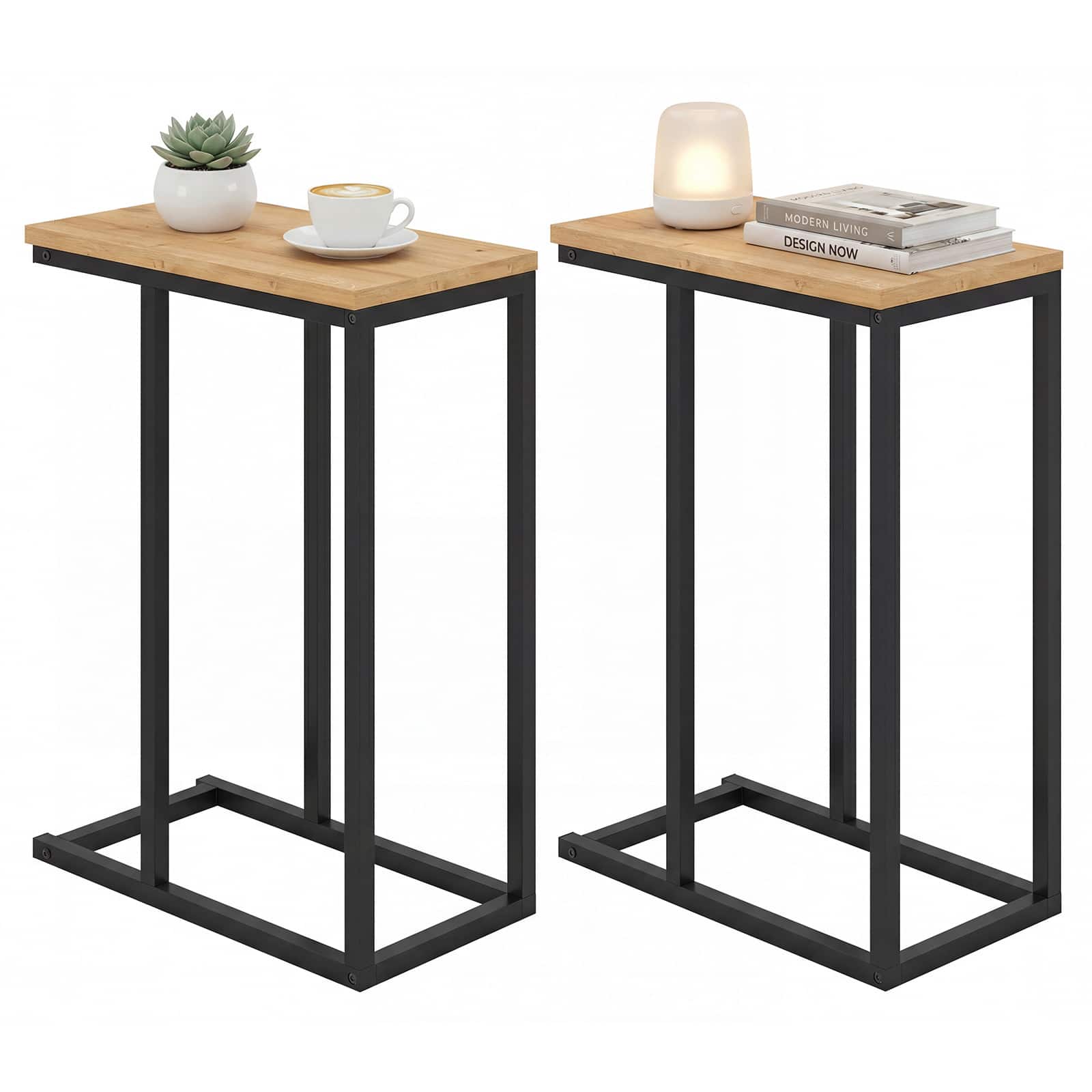 Gymax - 2PCS C-shaped End Table w/Adjustable Foot Pads Small Snack Table for Bedroom Oak - Gray