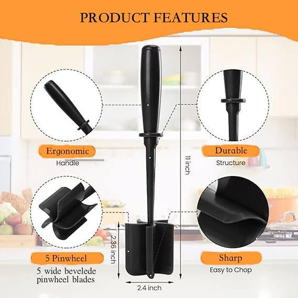 PRODUCT FEATURES

- Ergonomic Handle
- Durable Structure
- 5 Pinwheel
  - 5 wide beveled pinwheel blades
- Sharp
  - Easy to Chop

Dimensions:
- 11 inch
- 2.36 inch
- 2.4 inch