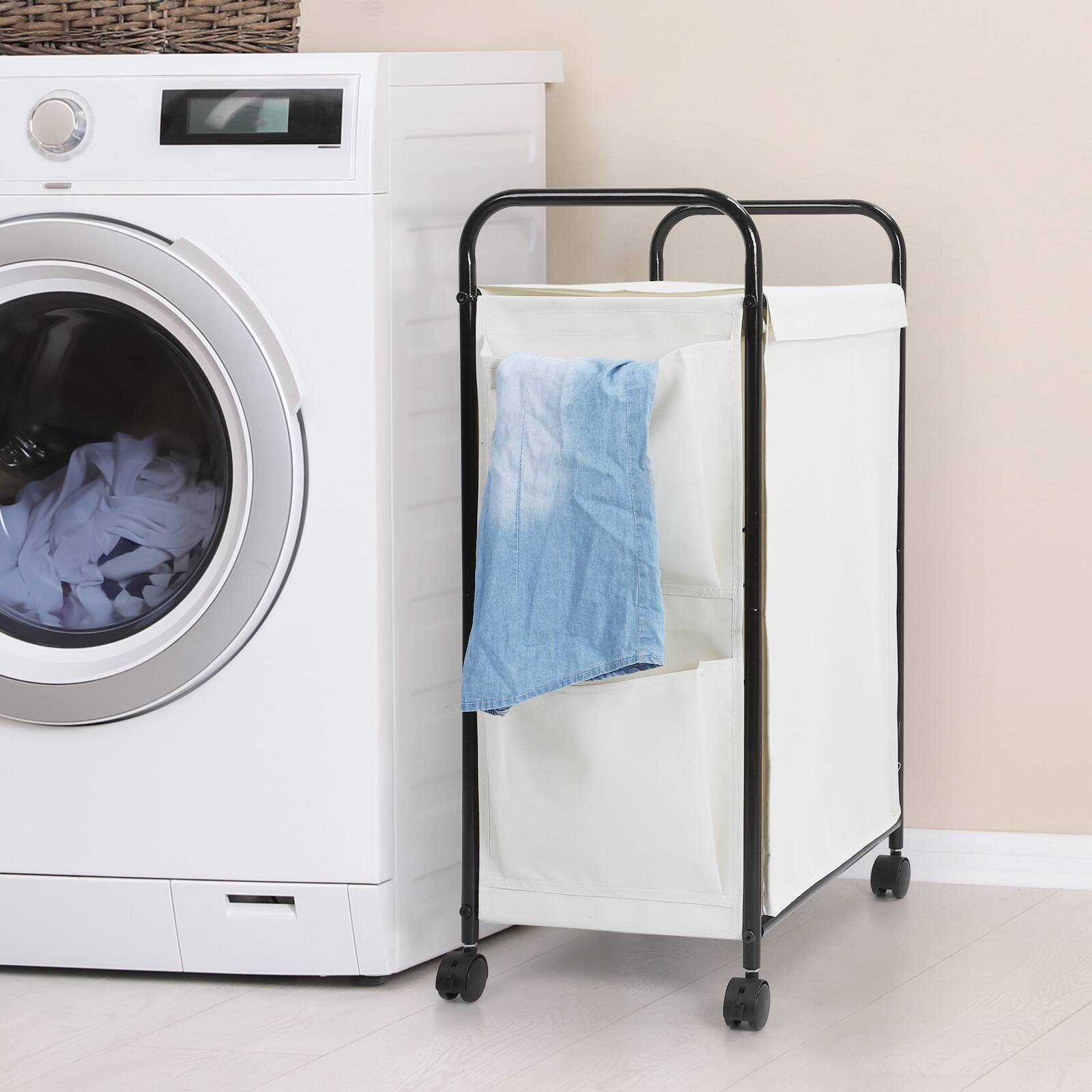 Alt View 2. Oumilen - Rolling Laundry Hamper Cart with Lid – Matte Black Frame & White Waterproof Fabric Basket - White.