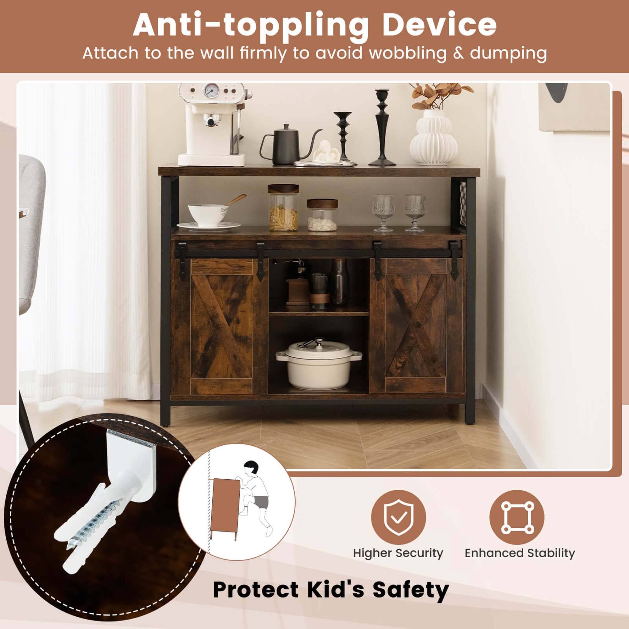 Anti-toppling device attaches to the wall firmly to avoid wobbling and dumping, providing higher security and enhanced stability. It also protects a kid's safety.