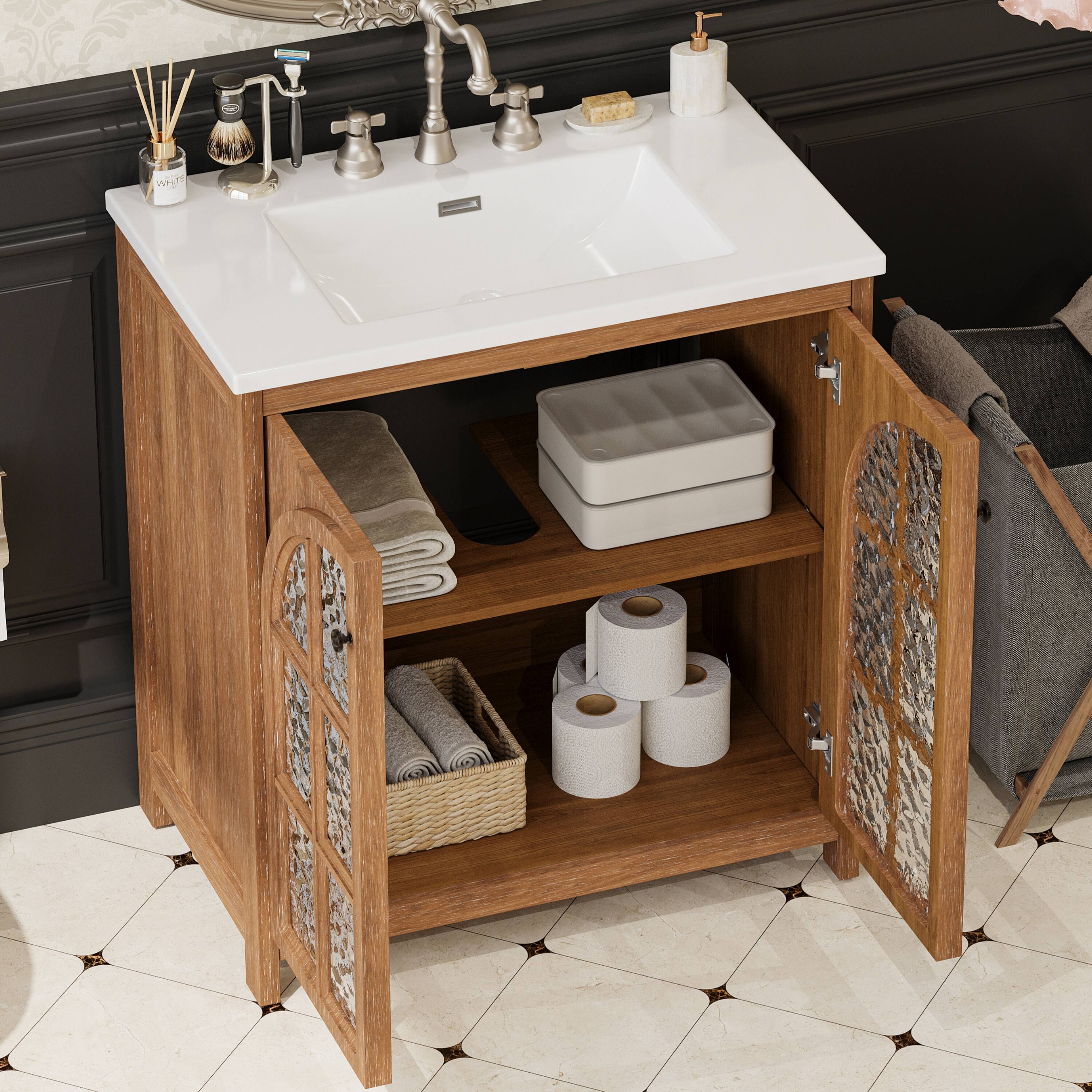 Left. Bestier - 31in Farmhouse Bathroom Vanity with Ceramic Sink Vintage Rustic Bathroom Cabinet, Antique Natural - Brown.