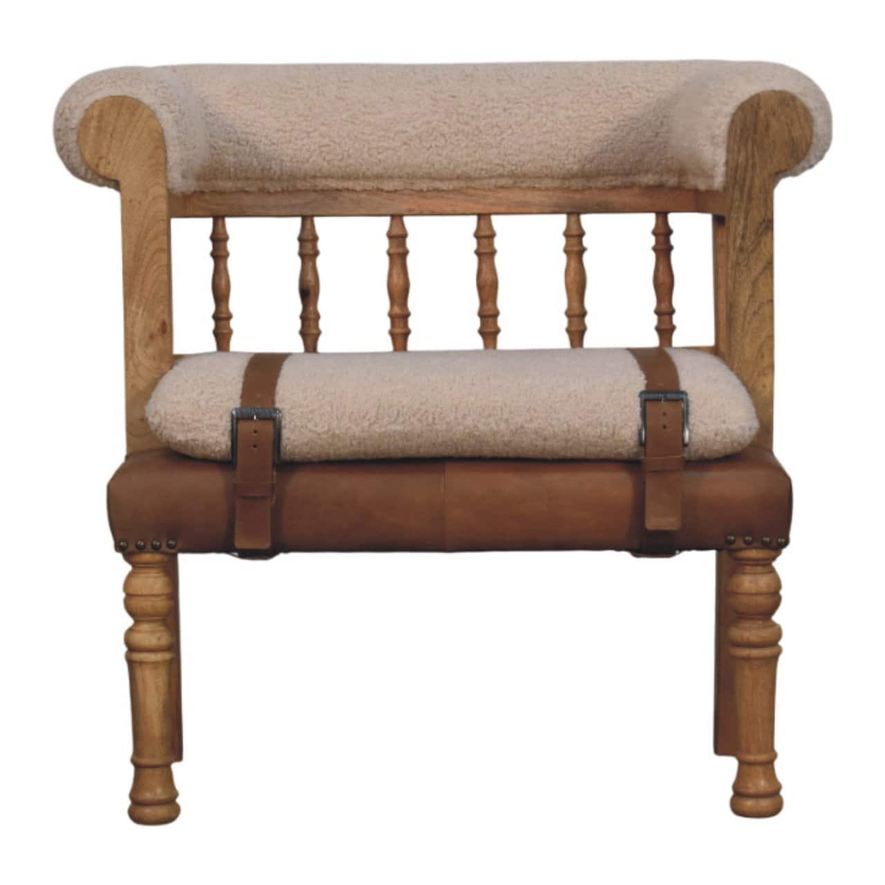 Artisan Furniture - Solid Wood Strapped Hallway Boucle Bench, Upholstered - Brown & Cream