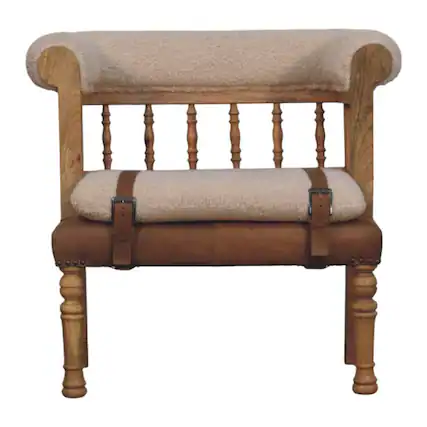 Front. Artisan Furniture - Artisan Furniture Solid Wood Strapped Hallway Boucle Bench, Upholstered, Brown & Cream - Brown & Cream.