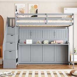 Tiramisubest - Full Over Full Murphy Bed with Hydraulic Lift, Desk & Storage, Gray - Gray
