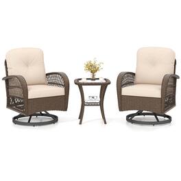 Costway - 3 PCS Patio Swivel Rocker Set Gliding Bistro Furniture Set with Tempered Glass Table - Beige