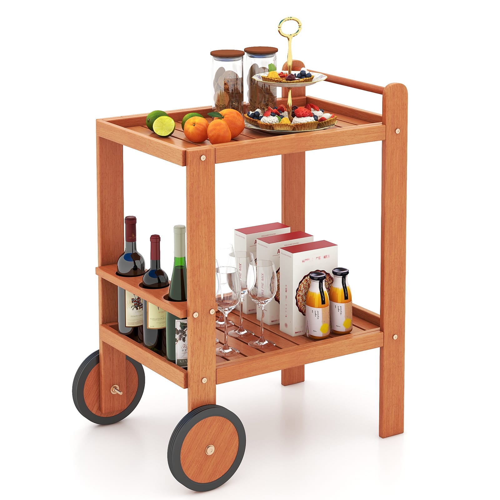 Gymax - Wood Bar Cart 2 Tier Bar Trolley w/ Large Rubber Wheels & Wine Bottle Rack - Natural