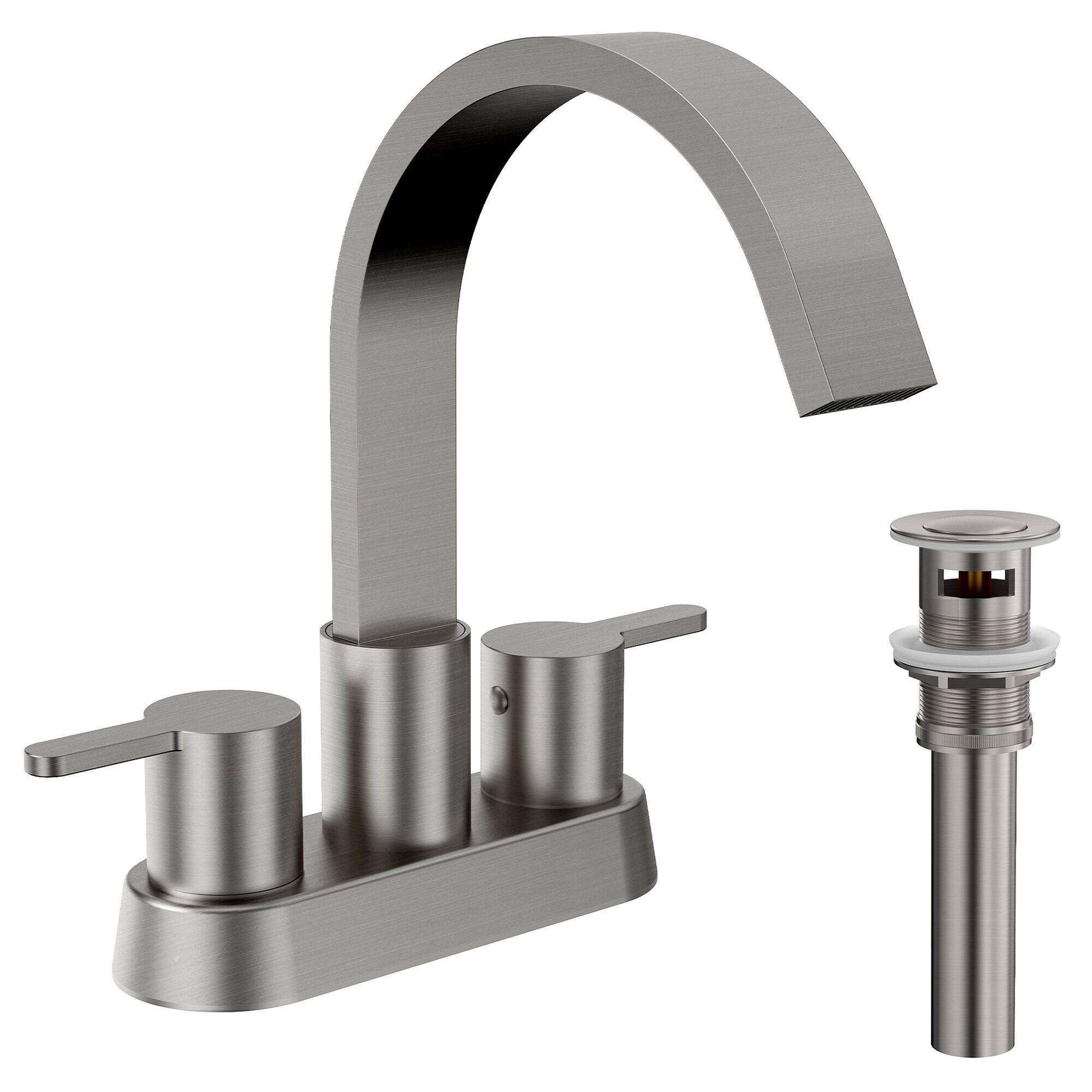 Front. GRANDJOY - Widespread Two-Handle Bathroom Sink Faucet with Curved Spout for 3-Hole Deck Mount Installation - Brushed Nickel.
