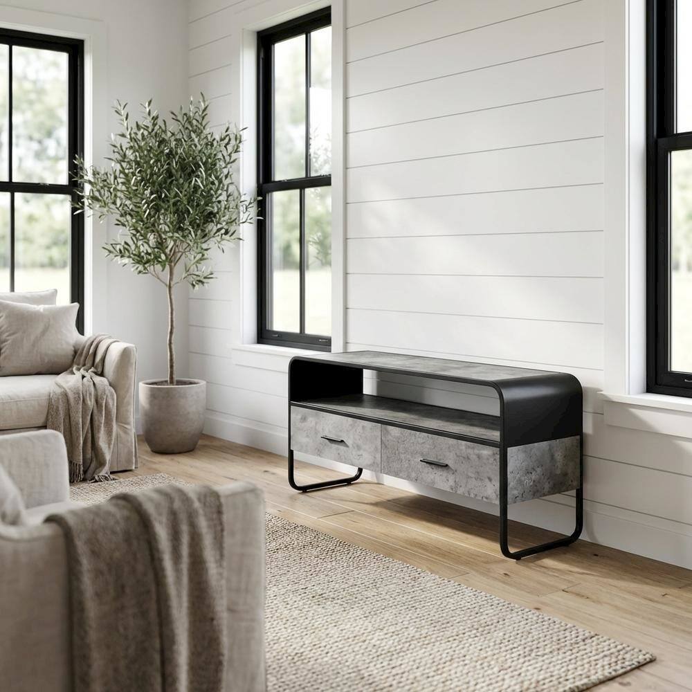 Alt View 1. FurniFact - Industrial-style TV stand, concrete gray, black finish, made from particleboard - Brown.