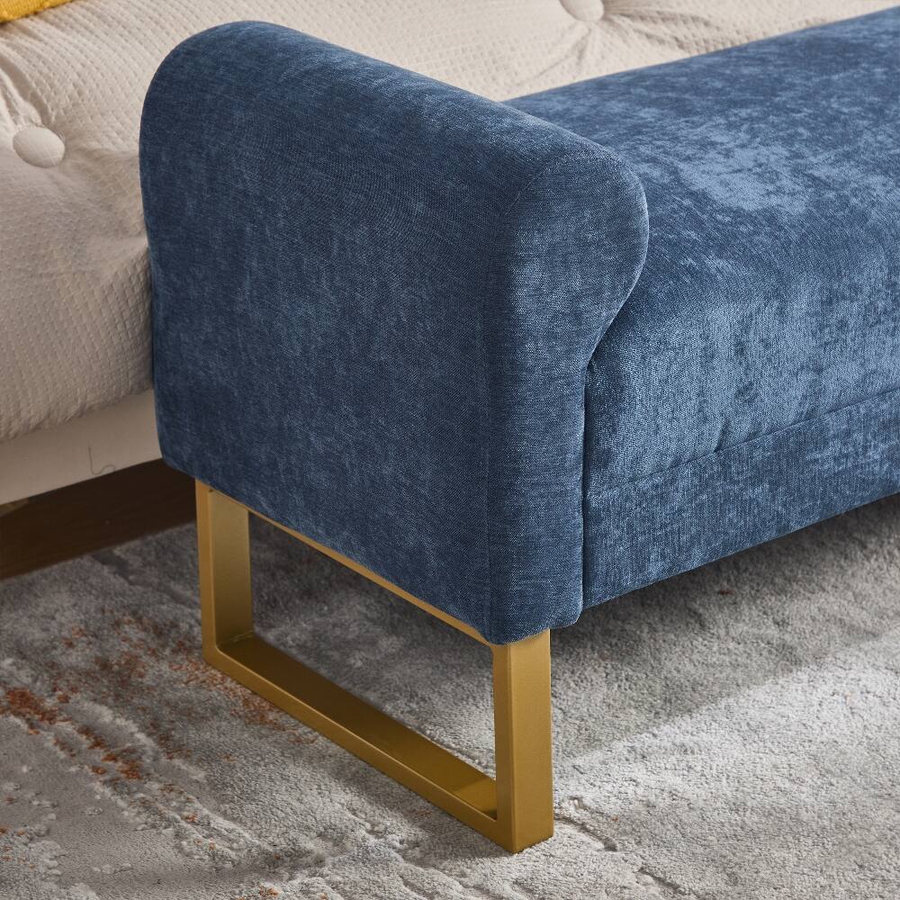 Alt View 7. Ropilly - Ropilly Blue Chenille End of Bed Bench Upholstered Bedroom Ottoman Bench with Gold Legs and Arms for Entryway - Blue.