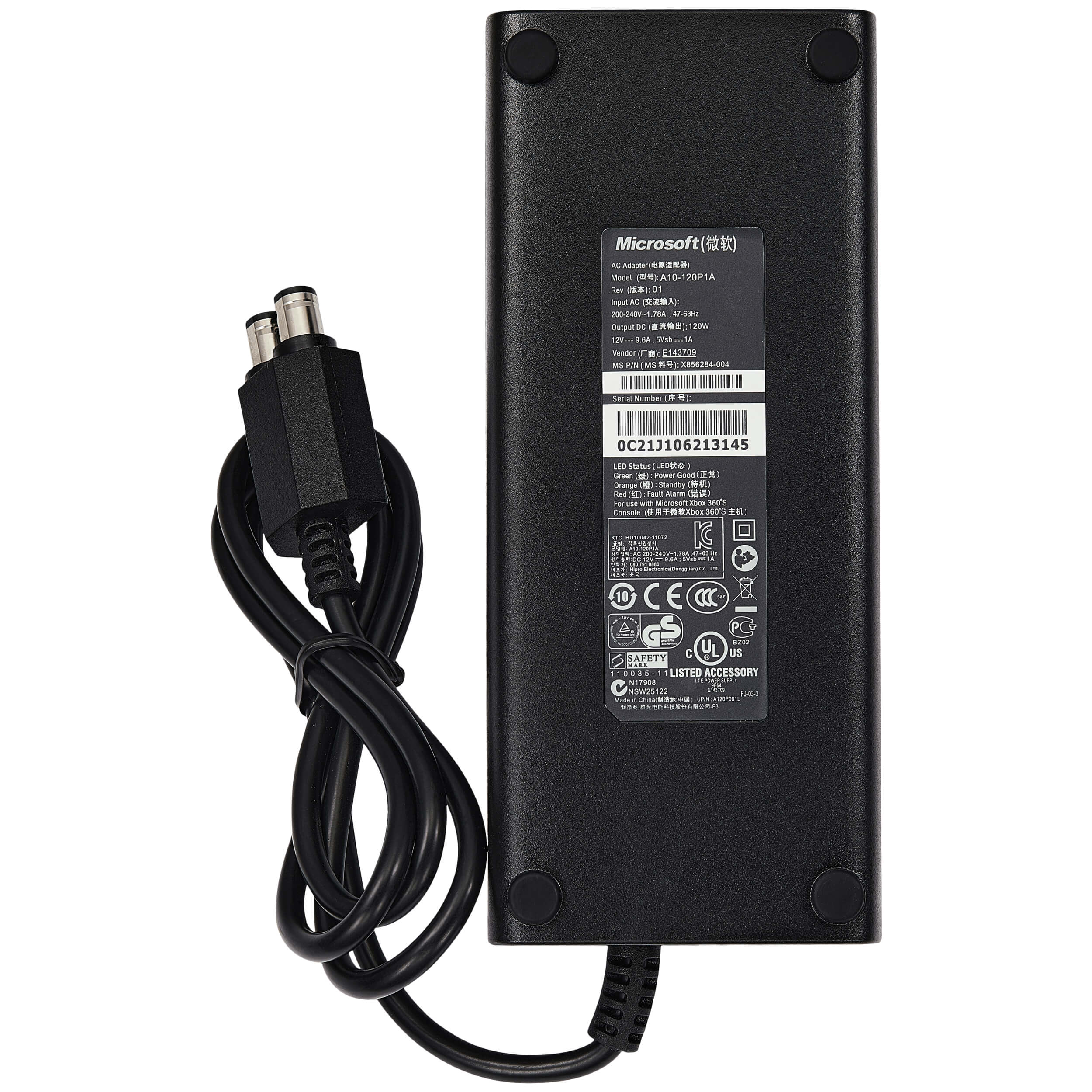 Microsoft  
AC Adapter  
Model: A10-120P1A  
Input AC: 100-240V~50/60Hz 1.74A  
Output DC: 12V=10A  
Vendor: E143T09  
MS PIN/MS ISN: 0355949-004  
Serial Number: OC21J106213145  

LED Status (LED 状态):  
Orange (橙色): Charging (充电中)  
Green (绿色): Standby (待机)  
For use with Microsoft Xbox 360 S  

Certifications:  
CE, FCC, CUL, GS, PC  
Safety:  
UL Listed Accessory  
110-038-1  
NSW5127  

Other Information:  
- No. 2  
- Orange - Standby  
- Faut Alarm  
- Morsson  
- Canpote  
- EA se's  
- K Hloe Phigo  
- O-2  
- ...  
- 10 E  
- a C  
- Us NAPETY  
- LISTED ACCESSORY  
