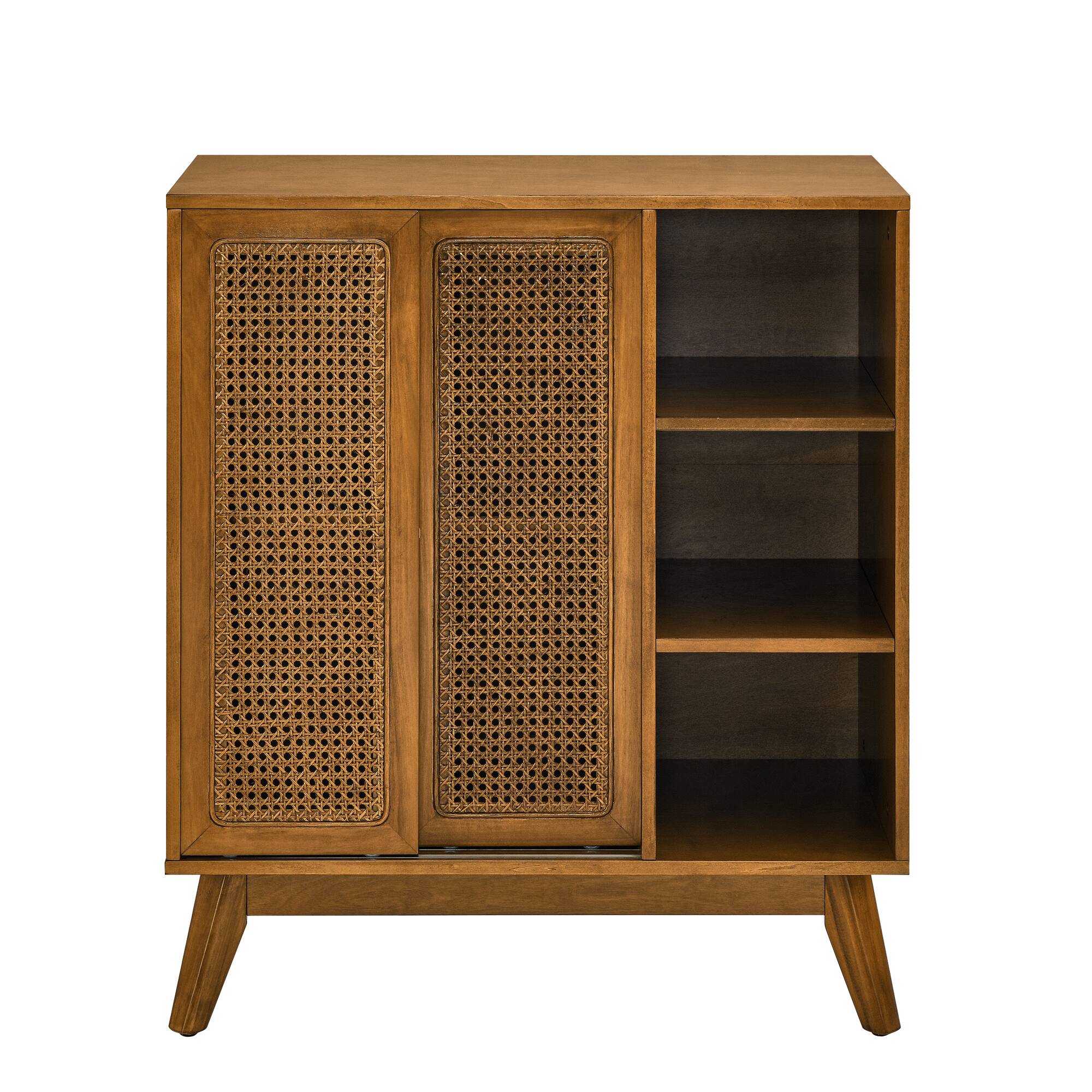 Alt View 2. Lirago - 15.75"D x 31.5"W x 36"H Mid Century Modern Rattan Sideboard Cabinet Light Wood Buffet Solid Wood Feet - Walnut.