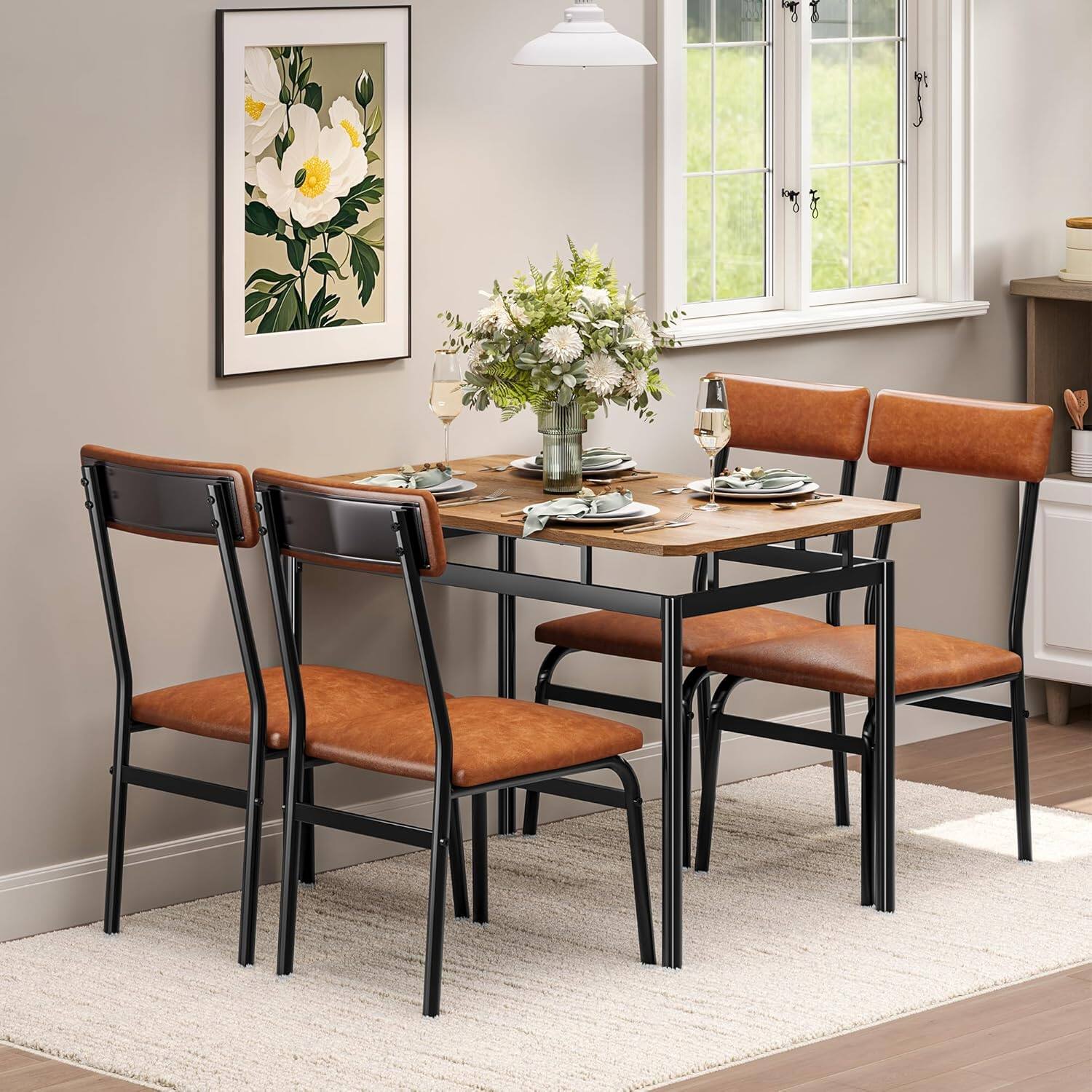 Angle. Qeetex - 5-Piece Industrial Dining Set, Wood Table & 4 PU Upholstered Chairs, Metal Frame Dinette for Kitchen, Apartment - Brown.