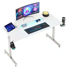 Bestier - 42-inch Gaming Desk with RGB Lights, Ergonomic Monitor Stand & Accessory Hooks - White Carbon Fiber