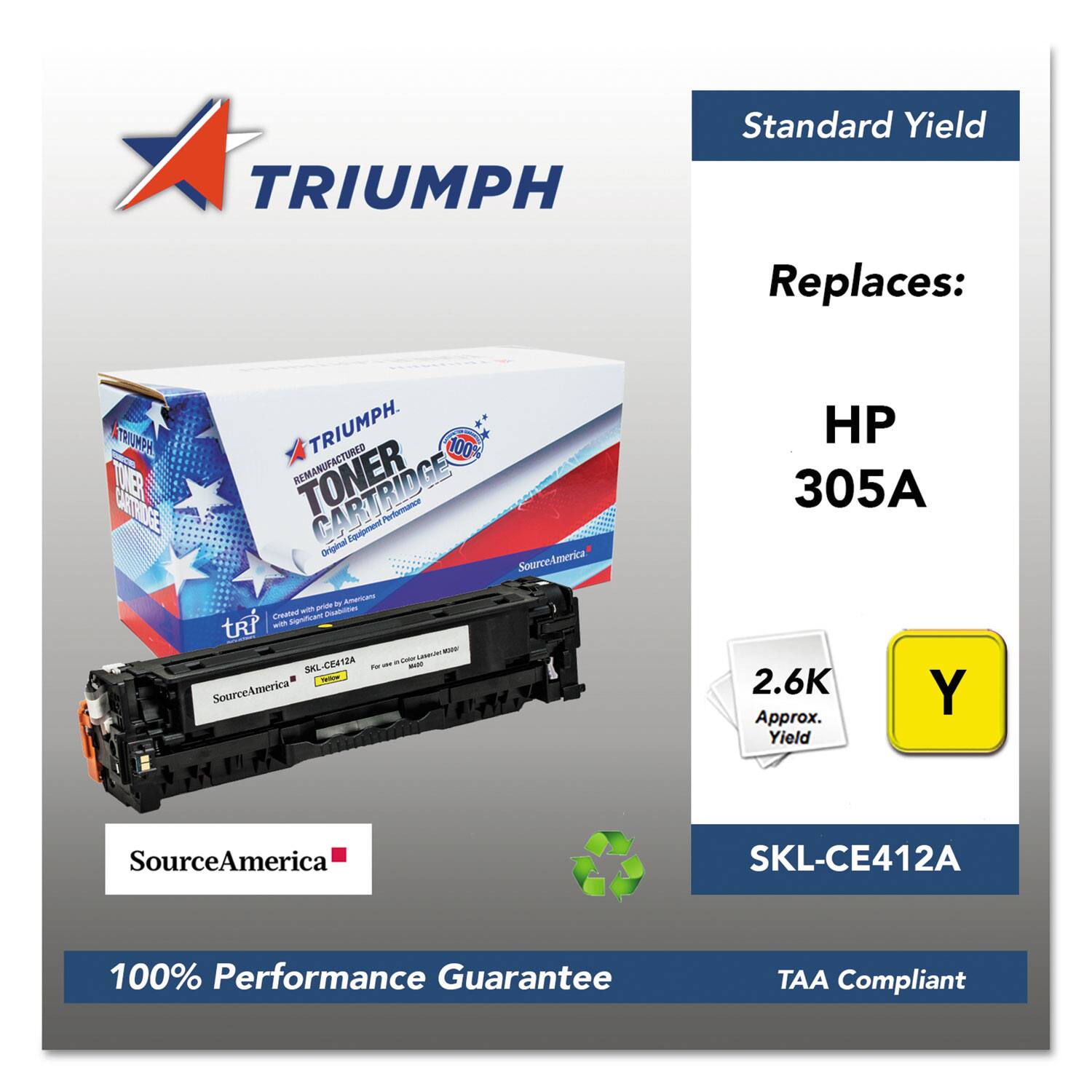 TRIUMPH Standard Yield  
Replaces: HP 305A  

100% Performance Guarantee  
TAA Compliant  

Approx. Yield: 2.6K  
SKU: SKL-CE412A  

SourceAmerica