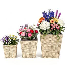 Costway - 3PCS Rattan Planter Box Kit with Removable Plastic Liners for Indoor Outdoor Plants - Natural
