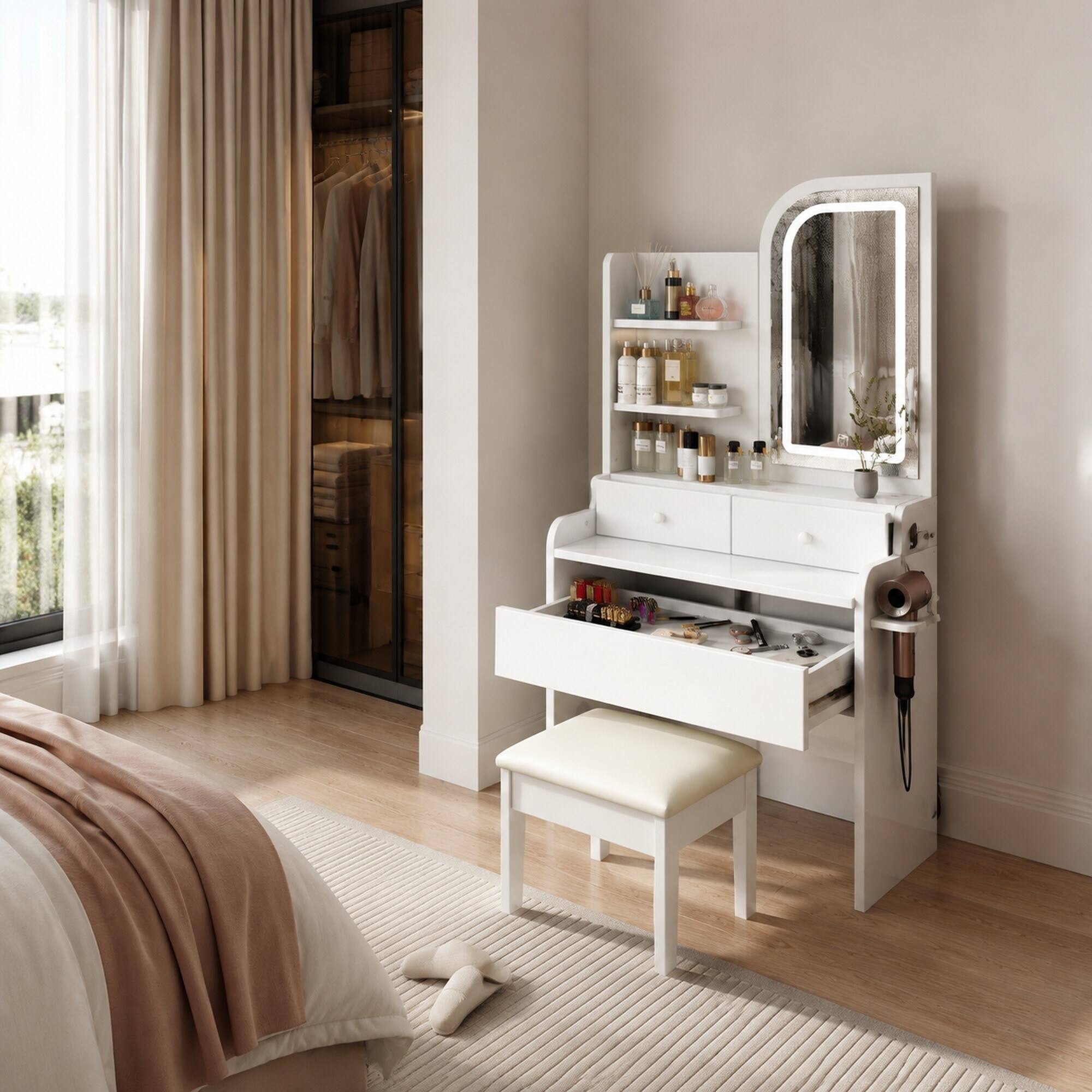 RYHNUYNE Vanity Desk Set, MDF Makeup Table with Lighted Mirror and ...