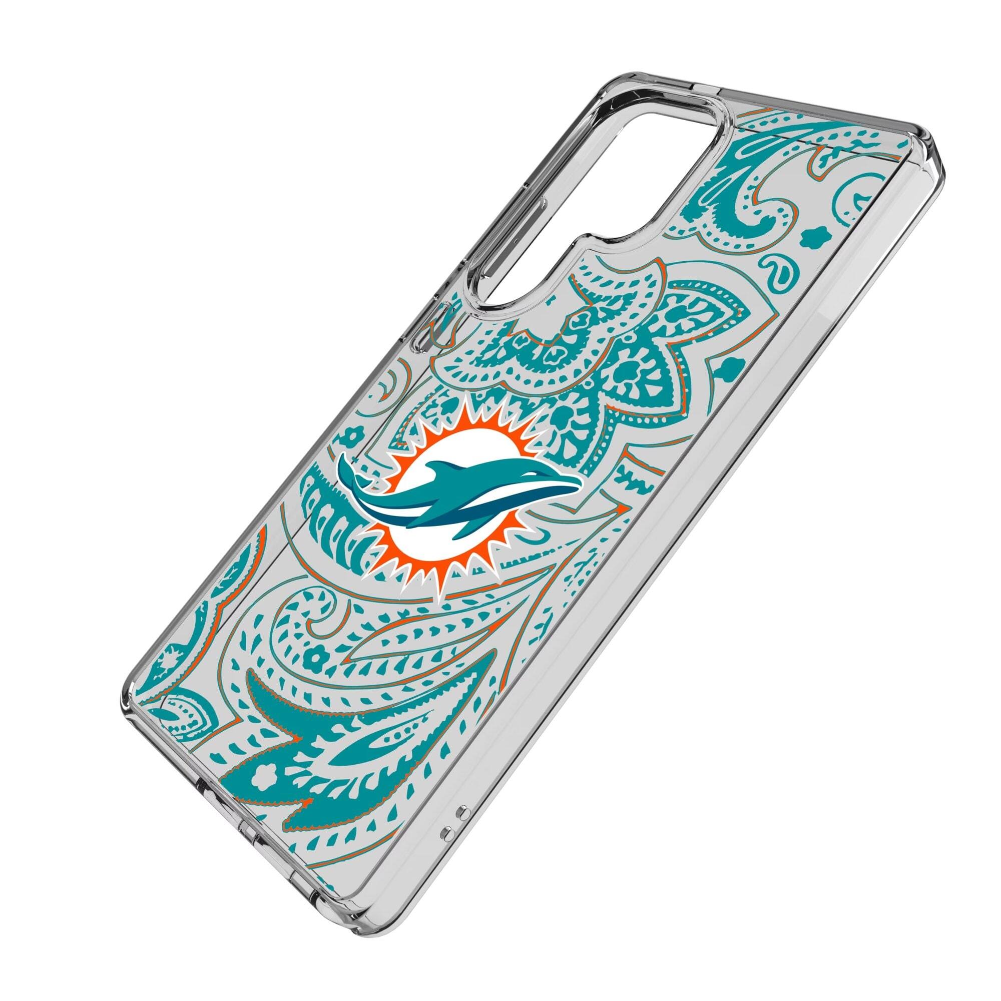 Alt View 1. Keyscaper - Miami Dolphins Galaxy Clear Paisley Design Case - S23 Ultra - Multicolor.