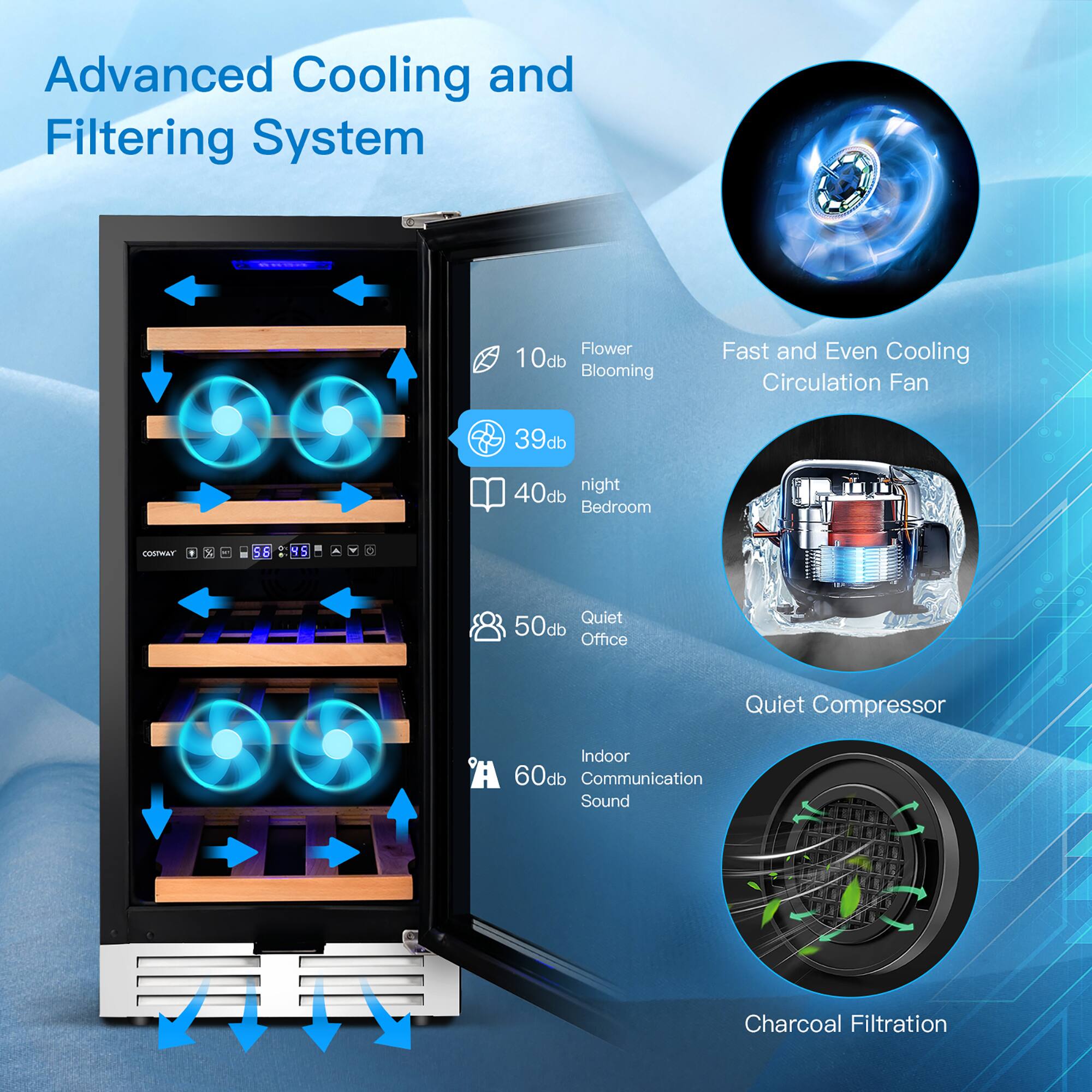 Advanced Cooling and Filtering System

- Flower Blooming: 10db
- Fast and Even Cooling Circulation Fan: 39db
- night Bedroom: 40db
- Quiet Office: 50db
- Indoor Communication Sound: 60db
- Quiet Compressor
- Charcoal Filtration