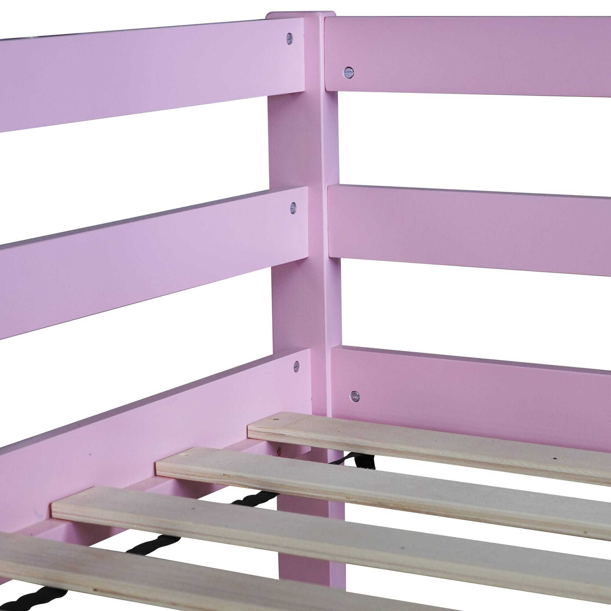 Alt View 2. GOODSILO - Solid Wood Twin Over Twin Floor Bunk Bed with Ladder and Strengthened Slats for Enhanced Stability - Pink.
