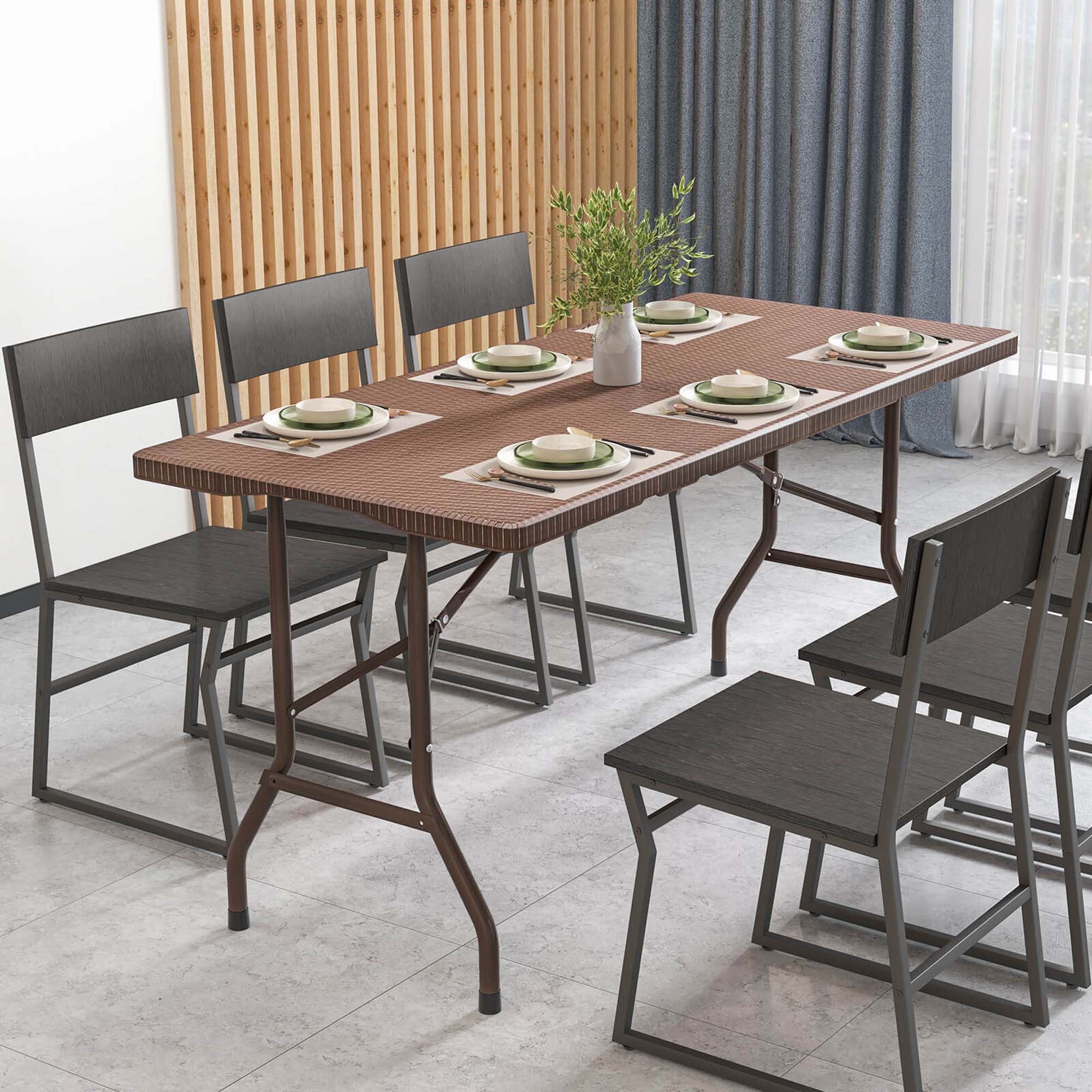 Alt View 4. Costway - Costway 5 ft Folding Picnic Table Outdoor Dining Table with Rattan Grain HDPE Tabletop - Brown.